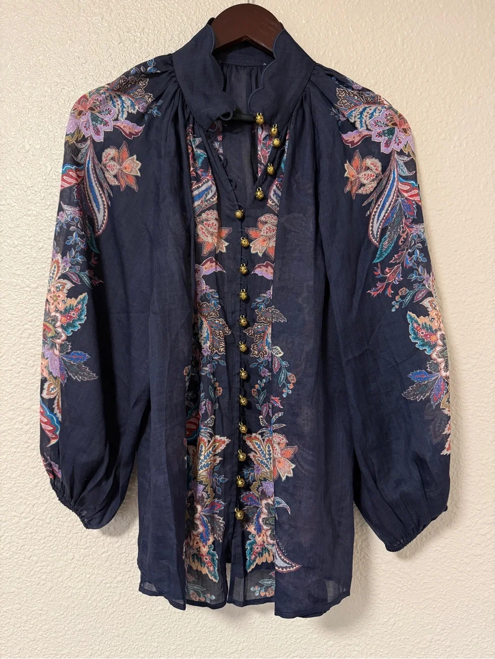 Zimmermann Rhiannon Billow Blouse 100% Ramie Paisley Boho Sheer Navy Top M - Picture 7 of 14
